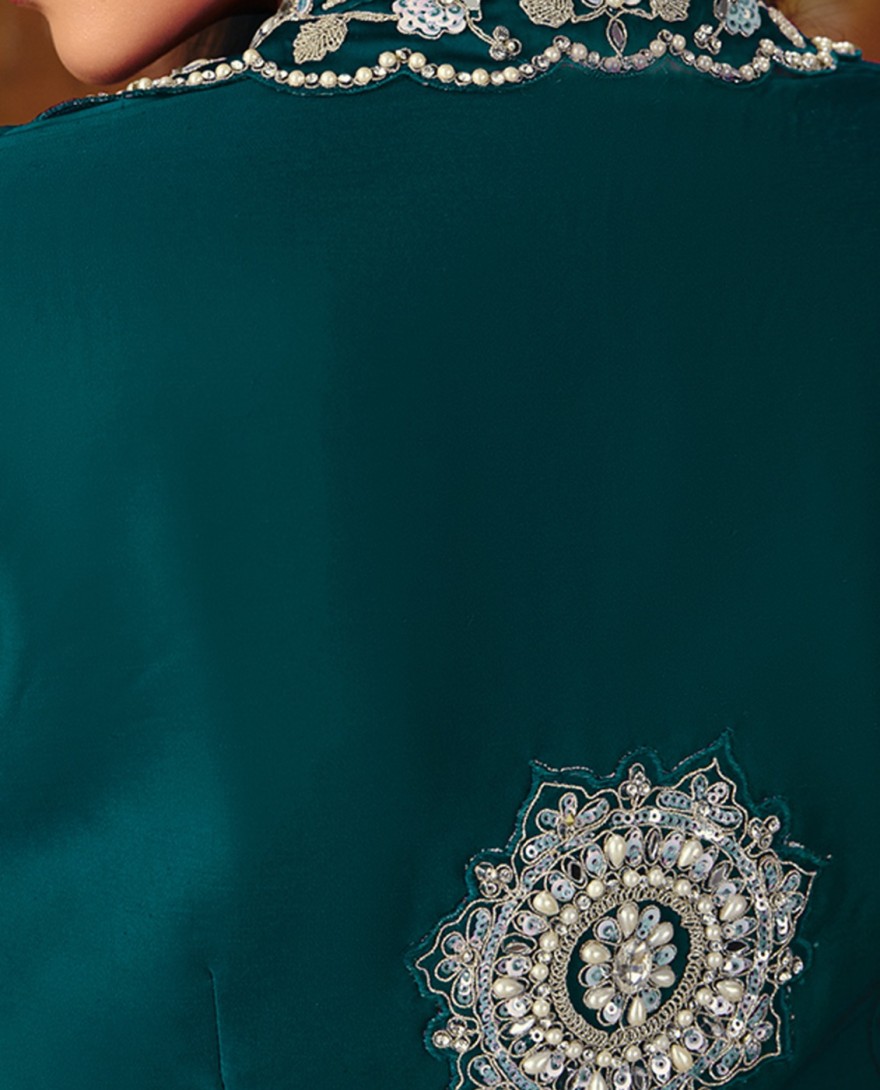 27104B - Rama Green Embroidered Wedding Party Designer Saree